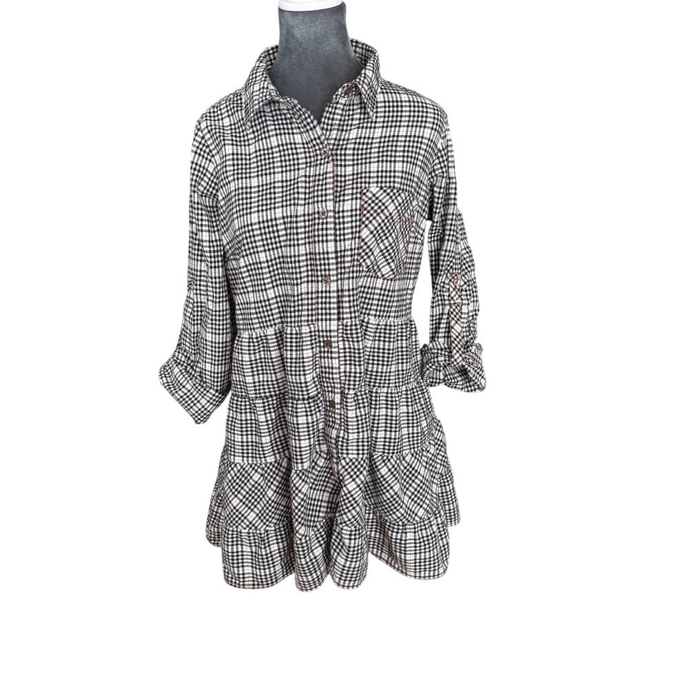 Ryan Michael Womens Black & White Plaid Button-Down Tunic Shirt With Ruffle Hem